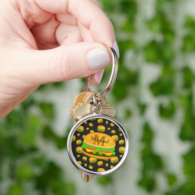 Cool and fun yummy burger pattern Monogram Keychain (Hand)