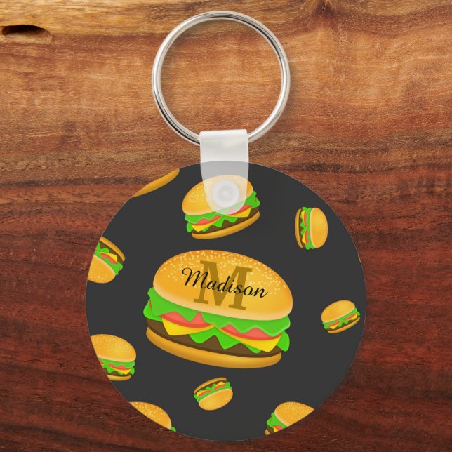 Cool and fun yummy burger pattern Monogram Keychain (Front)