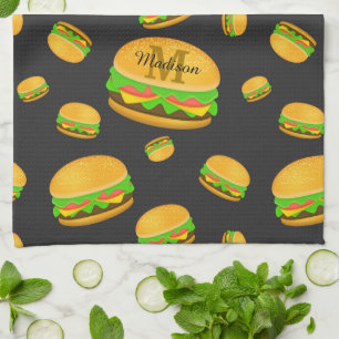 Cool and fun yummy burger pattern Monogram Kitchen Towel