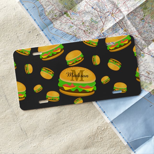 Cool and fun yummy burger pattern Monogram License Plate (In Situ)