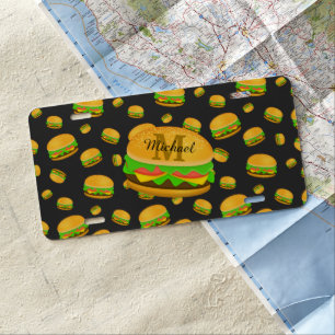 Cool and fun yummy burger pattern Monogram License Plate
