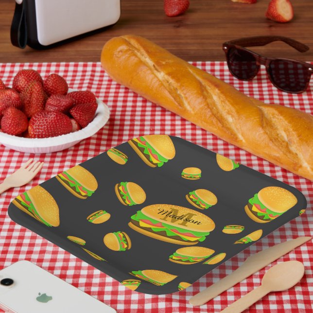 Cool and fun yummy burger pattern Monogram Paper Plates (Picnic)