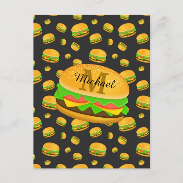 Cool and fun yummy burger pattern Monogram Postcard (Front)
