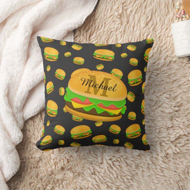 Cool and fun yummy burger pattern Monogram Throw Pillow (Blanket)