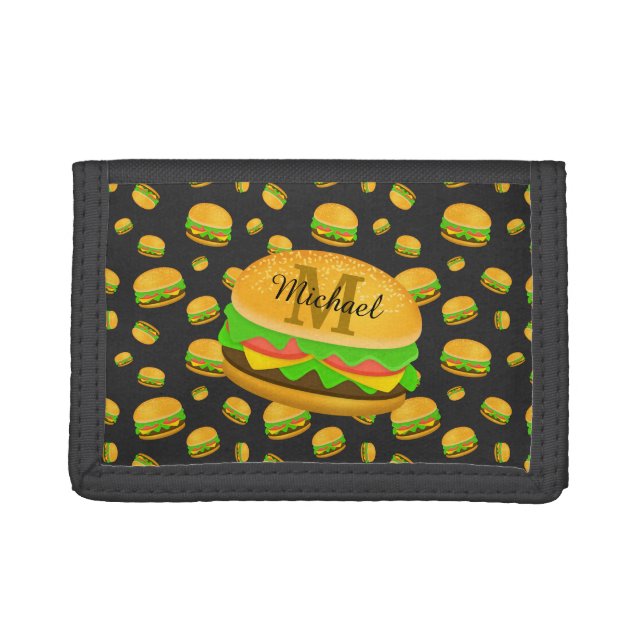 Cool and fun yummy burger pattern Monogram Trifold Wallet (Front)