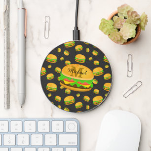 Cool and fun yummy burger pattern Monogram Wireless Charger