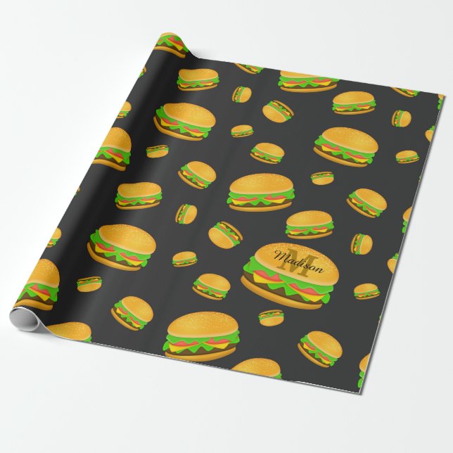 Cool and fun yummy burger pattern Monogram Wrapping Paper (Unrolled)