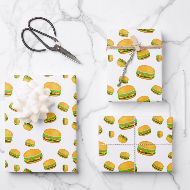 Cool and fun yummy burger pattern white wrapping paper sheets (Front)