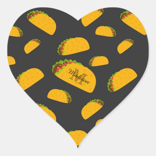 Cool and fun yummy taco pattern Monogram Heart Sticker