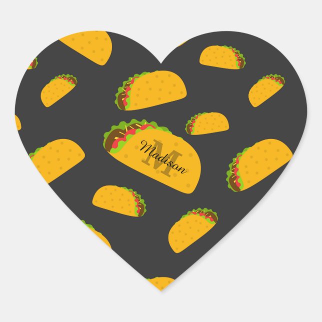 Cool and fun yummy taco pattern Monogram Heart Sticker (Front)
