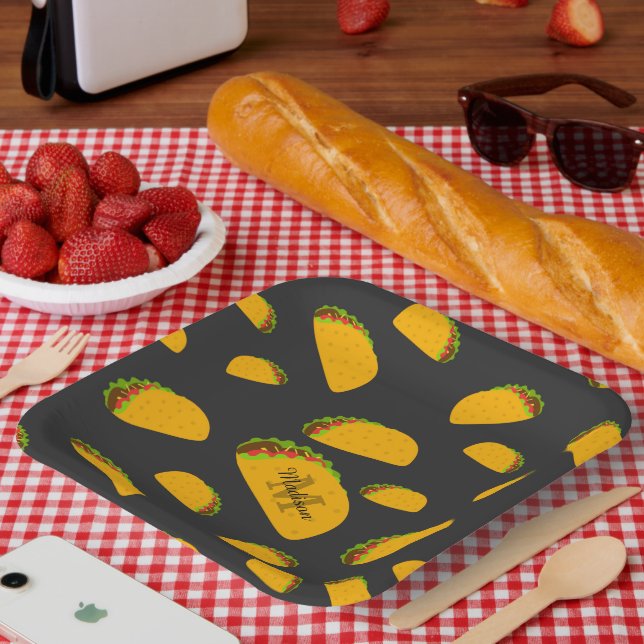 Cool and fun yummy taco pattern Monogram Paper Plates (Picnic)