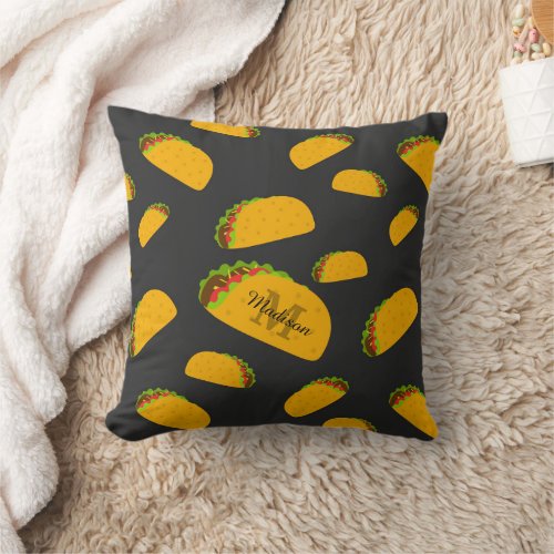 Cool and fun yummy taco pattern Monogram PLdesign Throw Pillow