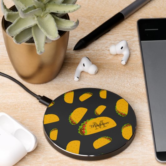 Cool and fun yummy taco pattern Monogram Wireless Charger (Desk 2)
