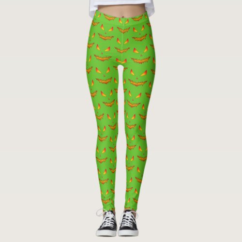 Cool and scary Jack OLantern face Halloween green Leggings