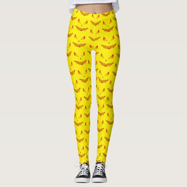 Cool and scary Jack OLantern face Halloween yellow Leggings (Front)
