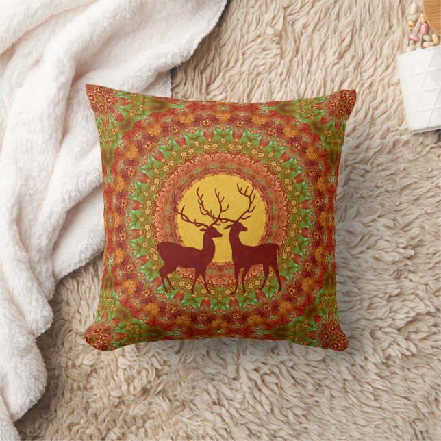 Cool Animal Pattern - Mandala Deers 1 Throw Pillow (Blanket)