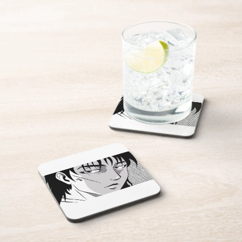 Cool anime boy face design beverage coaster