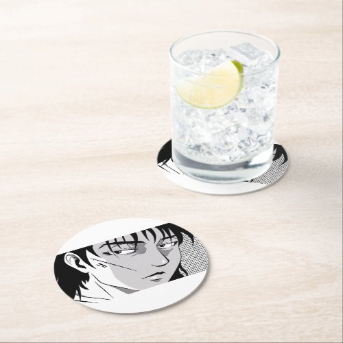 Cool anime boy face design round paper coaster