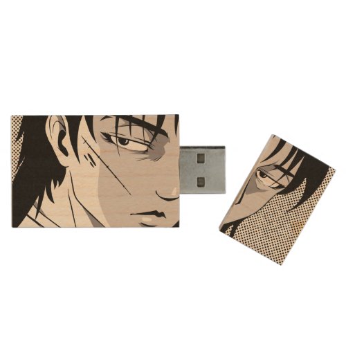 Cool anime boy face design wood flash drive