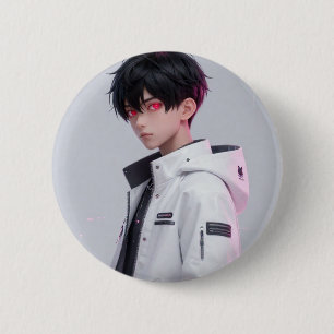 Cool Anime Boy with Red Eyes Techwear Badge/Pin Button