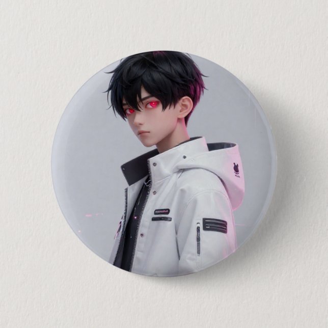Cool Anime Boy with Red Eyes Techwear Badge/Pin Button (Front)