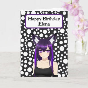Cool Anime Girl with Purple Hair and Eyes Birthday Card