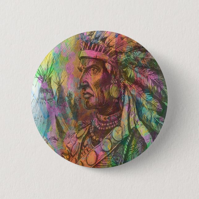 Cool antique native american Indian clipart colour Button (Front)