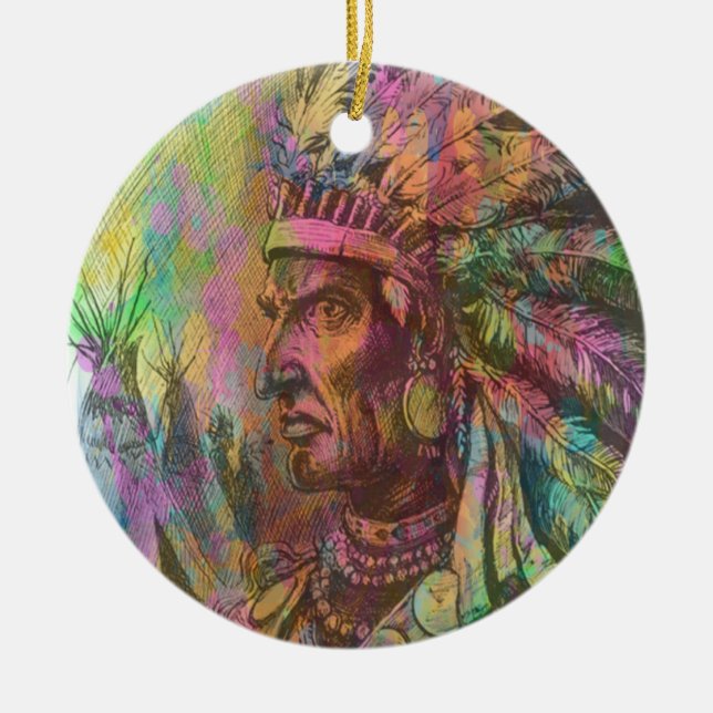 Cool antique native american Indian clipart colour Ceramic Ornament (Front)