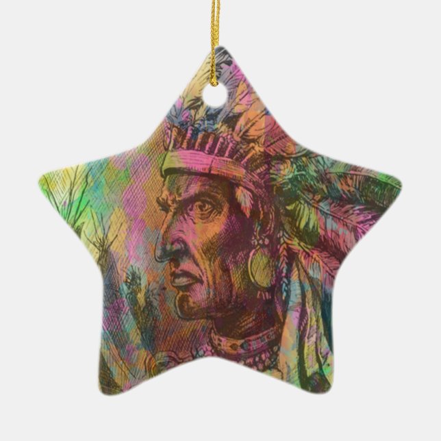 Cool antique native american Indian clipart colour Ceramic Ornament (Front)