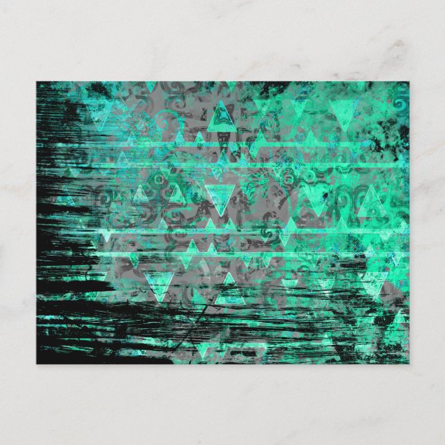 Cool Aqua and Gray Tribal Triangles Grunge Postcard (Front)