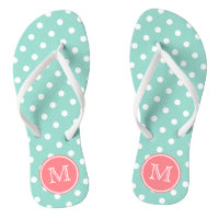 Cool Aqua and White Polka Dots with Coral Pink Flip Flops