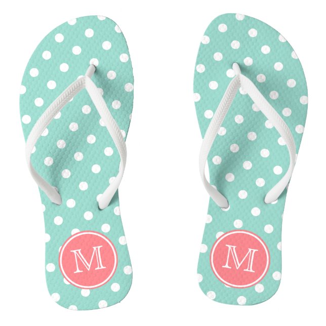 Cool Aqua and White Polka Dots with Coral Pink Flip Flops (Footbed)