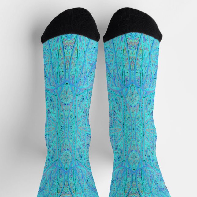 Cool Aqua Blue Abstract Branch Pattern Socks (Top)