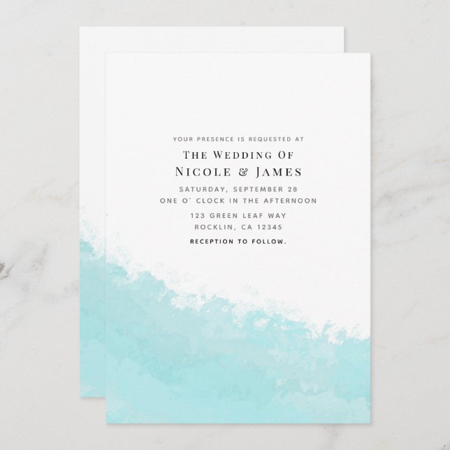 Cool Aqua Blue Wave Splash Beach Wedding Invitation (Front/Back)