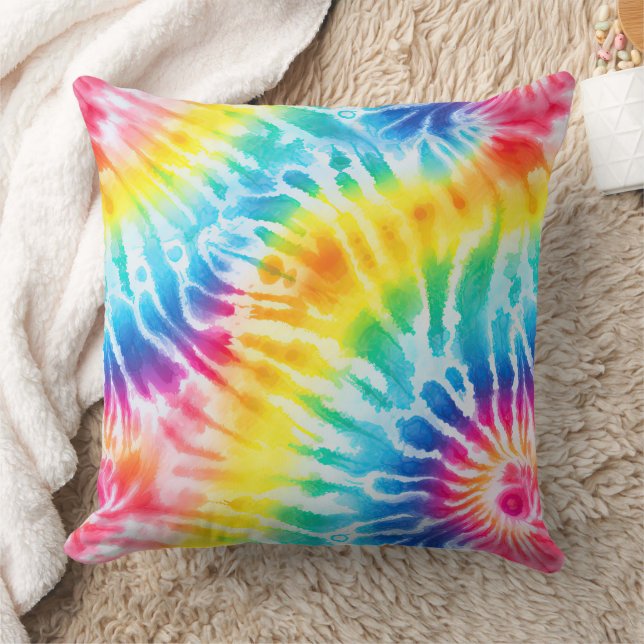 Cool Aqua Red Blue Yellow Orange Tie Dye Throw Pillow (Blanket)