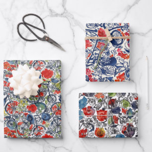 Cool Artsy Color Bicycle Sketch Watercolor Pattern Wrapping Paper Sheets