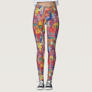 Cool Artsy Colorful City House Watercolor Pattern Leggings