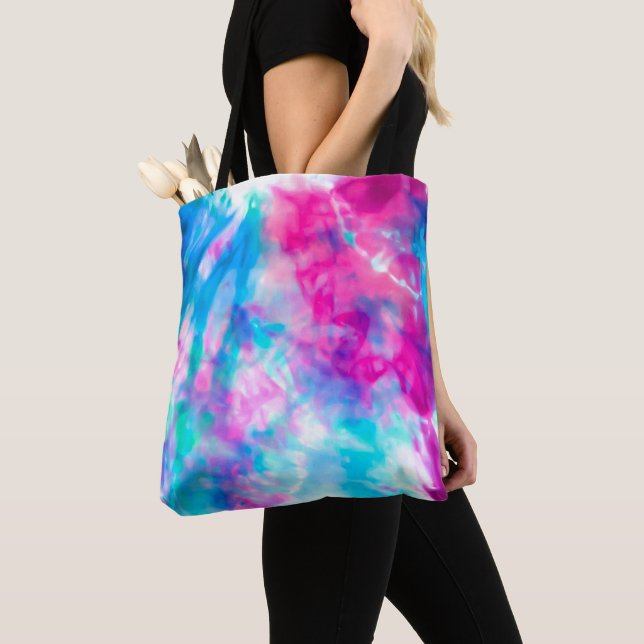 Cool Artsy Girly Purple Pink Blue Tie Dye Pattern Tote Bag (Close Up)