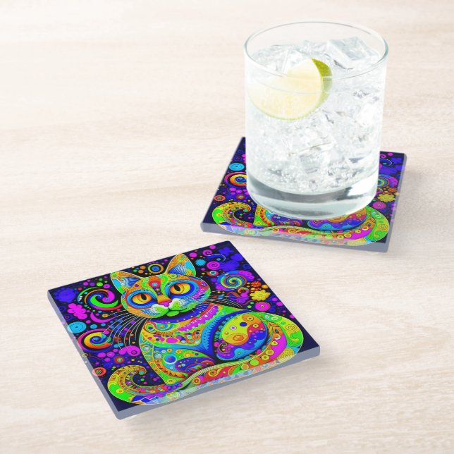 Cool Artsy Whimsical Vibrant Colorful Cat Coaster (Angled)
