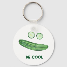 Cool as a Cucumber &quot;BE COOL&quot; Funny Watercolor Face Keychain
