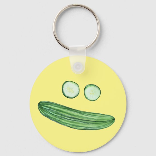 Cool as a Cucumber Funny Watercolor Veggie Face Keychain (Front)