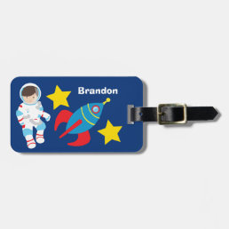 Cool Astronaut Rocket Ship Kids Blue Luggage Tag