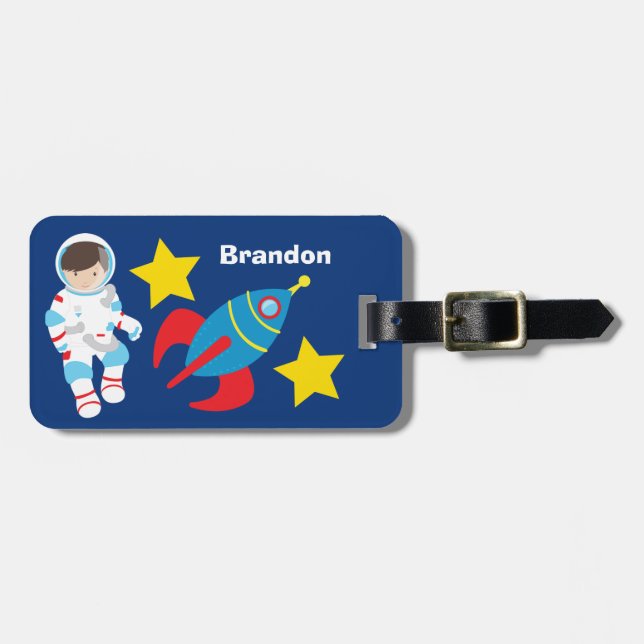 Cool Astronaut Rocket Ship Kids Blue Luggage Tag (Front Horizontal)