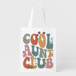 Cool aunt club, retro floral text, fun gift tee grocery bag