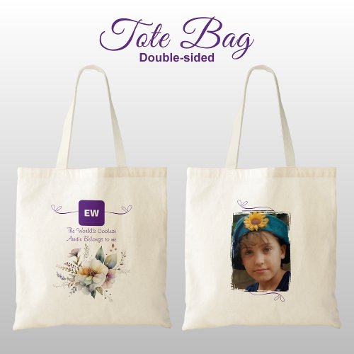 Cool Auntie add photo initials floral purple Tote Bag