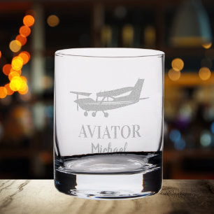 Cool Aviator & Cessna airplane,Simple Birthday Rocks Glass