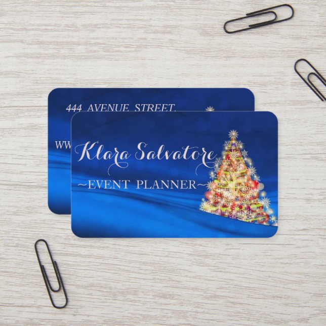 Cool Awesome Christmas Blue Lighting Tree Business Card (Front/Back In Situ)