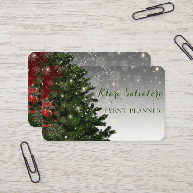 Cool Awesome Christmas Green Tree SNowflake Business Card (Front/Back In Situ)