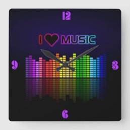Cool awesome trendy &quot;I Love Music&quot; neon colours Square Wall Clock