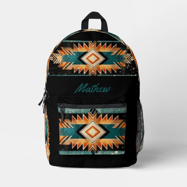 Cool Aztec Native American - Blue Orange Red Black Printed Backpack (Front)